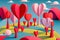 Abstract background in form of 3D fantasy land made of hearts design concept made with Generative AI. Valentine day or Mother Day