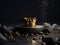 Abstract background with golden cylinder podium for product presentatio surrounded by black rock cobblestons and golden nuggets.