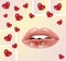 Abstract background with hearts and women`s painted lips and white teeth. The silhouette of the mouth.