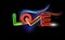 Abstract background inscription love with heart neon radiant effect. Multicolor holiday design, night art illumination. Space