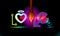 Abstract background inscription love with heart neon radiant effect. Multicolor holiday design, night art illumination. Space