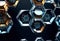 abstract background made of transparent glass and metal liquid hexagons, Materials science, man-made honeycombs,