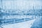 Abstract background of marina pier with boats. Pencil sketch painting style. Blue colors