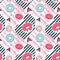 Abstract Background Memphis Style Geometric Shapes Seamless Pattern. Hipster Trendy Fashion Texture. Retro Poster with Donuts