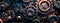 Abstract background metallic gears and cogs in various sizes, intertwined and casting shadows on a dark background.
