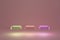 Abstract background, mock up scene with beige-pink, yellow and purple floating and glowing cube podiums. 3d rendering.