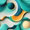 Abstract background with papers, circles, and waves in dark teal and light orange (tiled)