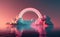 abstract background with pink cloud levitating inside bright glowing neon arch, with reflection in the water. Minimal futuristic