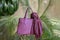 Abstract background of purple handbag embossed under exotic crocodile leather on a background of tropical green natural