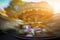 Abstract background. Rotating classic style carousel on Montmartre in backlit evening sunset sunbeam . Motion blur effect