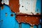 Abstract background of rusty old metal surface with peeling blue paint.