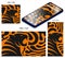 Abstract background with stripes of tiger skin and Silhouettes of head of roaring angry tiger with open mouth and sharp teeth.