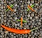 Abstract background of a vegetable face, hot pepper pods crossed chili mini nose eyes and a big smile on a black peppercorn