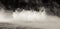 Abstract BANNER. Real Mystic smoke cloud with water drops blast, steam fly motion, dark background. Chemical experiment