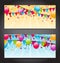 Abstract banners with colorful balloons, hanging flags and confett