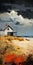 Abstract Beach House Painting With Vray Style And Pixelated Realism