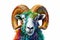 Abstract of Bighorn Ram or sheep portrait isolated on white background, Aries zodiac sign with multi colored colorful on skin body