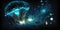 Abstract bioluminescent underwater fantasy. Glowing lights. Dreamy seascape. 3D stars, plants, fish, space, reef design.