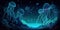 Abstract bioluminescent underwater fantasy. Glowing lights. Dreamy seascape with squid jellyfish.