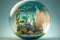 Abstract biosphere in a bubble. Ecosystem in a fish bowl. Environmental background wallpaper with fish and coral.