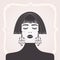 Abstract black beautiful lady looking down with short hair, bangs and big dangling earrings on pink