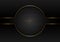 Abstract black circle with gold border frame on dark metallic background and texture