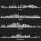 Abstract black and white skylines of Tokyo, Seoul, Sydney and Auckland.