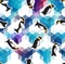 Abstract blue crystal ice background with penguin. seamless pattern, use as a surface texture