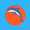 Abstract blue dolphin polygon template on a orange background.