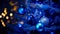 Abstract blue and gold shiny Christmas background with bokeh. Holiday bright blurred backdrop with Christmas balls and