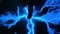 Abstract blue lightning. A man touches his hand to electricity. Aura scan, human electromagnetic field. Scanning the