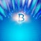 Abstract blue lights background with shining bitcoin symbol, mother board circuits and matrix of digits. Dogital
