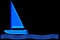 Abstract blue neon sailboat on bright blue waves.  Isolated on a black background