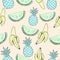Abstract blue pineapple, green watermelon and banana, fruit in unusual creative colors, vintage seamless pattern, cartoon backgro