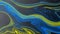 Abstract Blue and Yellow Psychedelic Curves in Gradating Black Background