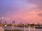 Abstract blur photo of CityScape of Bangkok City and Chao Phraya River with Beautiful Sunset in Bangkok