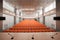 Abstract blur Rostrum with microphone and computer in conference hall. Orange color