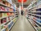 Abstract blur shelf in minimart and supermarket. Motion blurred customers walking in shopping mall