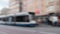 Abstract blurred blue and white tram light rail train