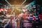 Abstract, blurred concept image of  People buying and selling fish on seafood food market