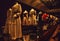 Abstract blurred photo of dummies in ancient fashionable dresses as background