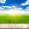 Abstract blurred rice field and wood table