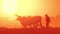 Abstract blurred video with asian farmer plowing rice field at sunrise using buffaloes. Myanmar