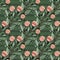 Abstract botanic nature seamless pattern with pink folk bouquet ornament. Green background with strips