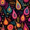 Abstract, bright tropical colors, geometric shapes, leaves and raindrops. Seamless repeating background Dark colors