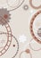 Abstract brown gray and rust red border design, abstract background of gears, flowers, stars, rings, and circle patterns on wavy s