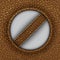 Abstract brown leather banner with round frame with orange stitches and diagonal stripe inside circle