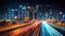 Abstract business background with buildings and long exposure photo of a highway at night. business and finance, real estate