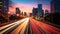 Abstract business background with buildings and long exposure photo of a highway at night. business and finance, real estate