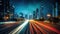 Abstract business background with buildings and long exposure photo of a highway at night. business and finance, real estate